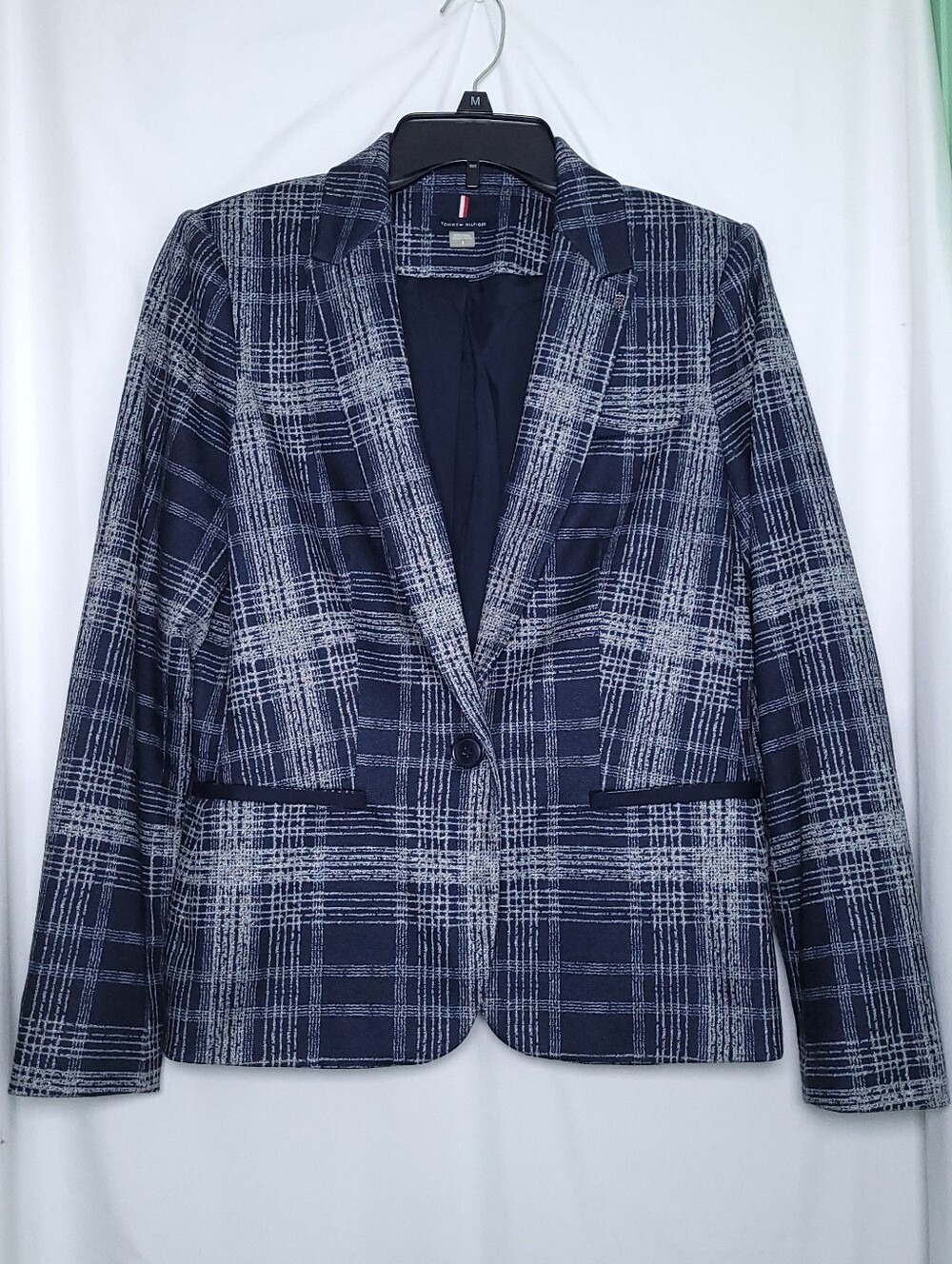 TOMMY HILFIGER Women's Elbow Patch Blue Plaid Blazer Academia Preppy Size 8